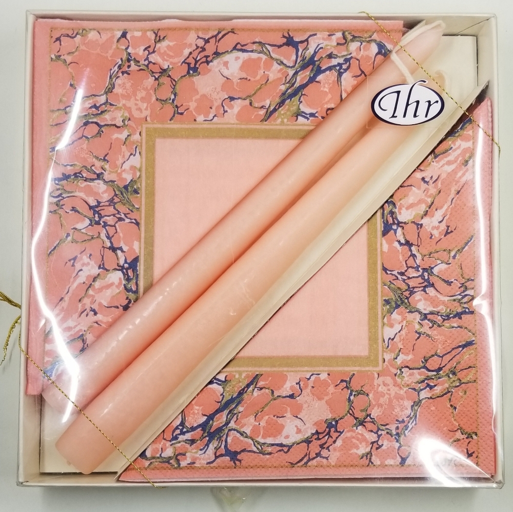 [IHR] German Pink Marbled Napkin And Candle Set
